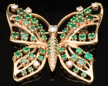 14K Gold, Emerald and Diamond Butterfly Brooch