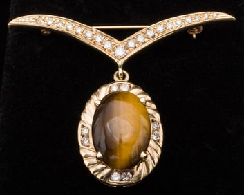 18K Gold, Diamond, and Tiger?s Eye Pin