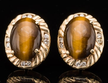Pair of 18K Gold, Diamond, & Tiger?s Eye Earrings