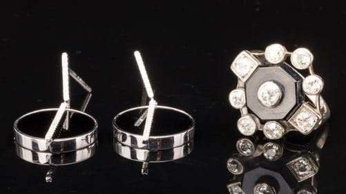 Art Deco Gold, Diamond and Onyx Ring and Earrings