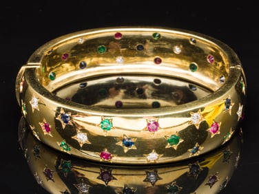 18K Gold, Ruby, Emerald, Sapphire & Diamond Bracelet