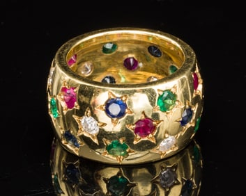18K Diamond, Emerald, Ruby and Sapphire Ring