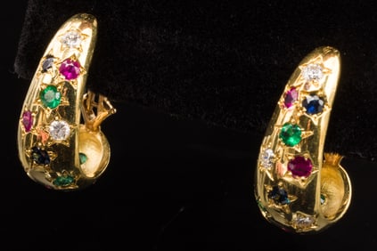 18K Gold Diamond, Emerald, Ruby & Sapphire Earrings