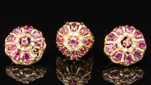 14K Yellow Gold, Ruby and Diamond Earrings and Ring