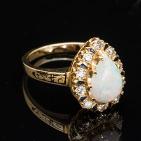 14K Gold, Opal and Diamond Ring