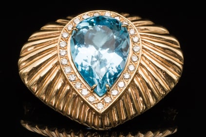 14K Gold, Diamond and Blue Topaz Brooch
