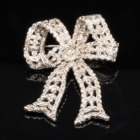 14K White Gold and Diamond Bow-Shaped Pin