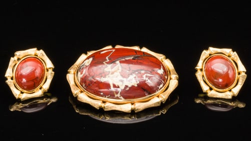 Carnelian and 14K Gold Brooch & Earrings