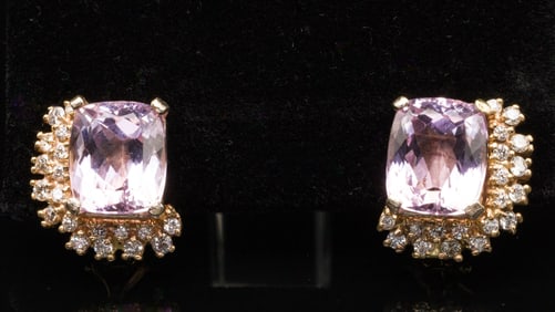 Pair of Amethyst and Diamond 14K Gold Earrings