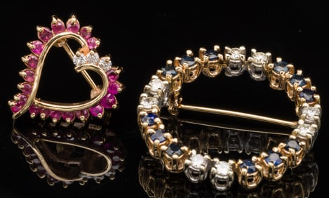 14K Ruby & Diamond Heart Pin & Saphire & Diamond Pin