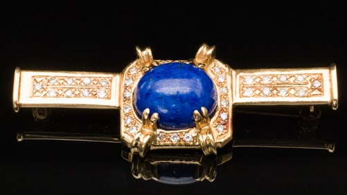14K Gold, Diamond and Lapis Brooch