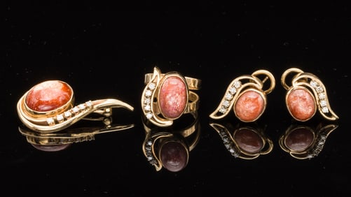 14K Gold Diamond & Orange Stone Earrings, Pin & Ring