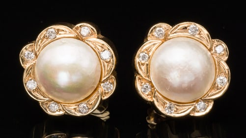 Pair of Mabe Pearl, Diamond, and 14K Gold Earrings