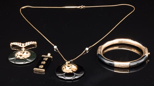 14K and Onyx Bangle, Necklace, Pin and Pendant