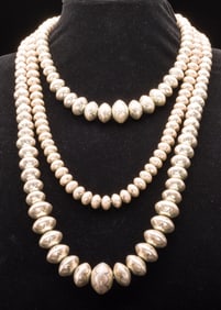 3 Native American Silver Beaded Necklaces