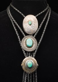 3 Native American Silver and Turquoise Bolos