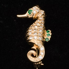 14K, Diamond and Emerald Seahorse Pin
