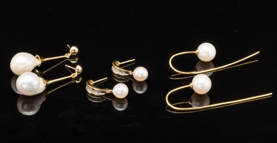 3 Pairs of Pearl and Gold Earrings