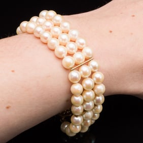 14K Gold Three Strand Pearl Bracelet