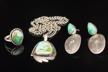 Native American Sterling Pendant, Earrings & Ring