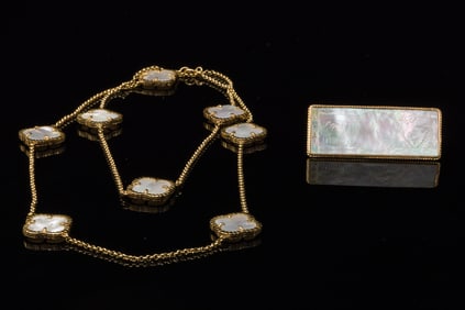 14K Gold & Mother of Pearl Pin & Gilt Metal Necklace