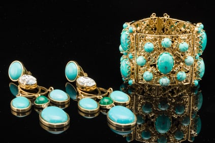 Pair of Faux Turquoise Earrings and a Bracelet