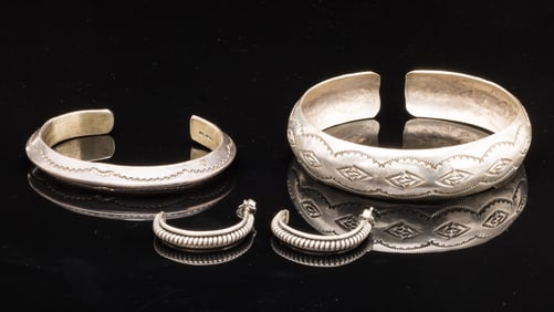 Two Native American Silver Bracelets & Pair Earrings