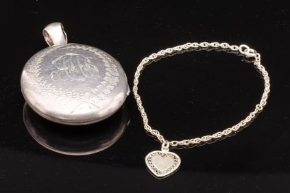 Silver Plate Locket and Sterling Charm Bracelet
