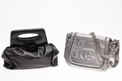 Chanel Silver Leather Flap Bag & Chanel Camellia Bag