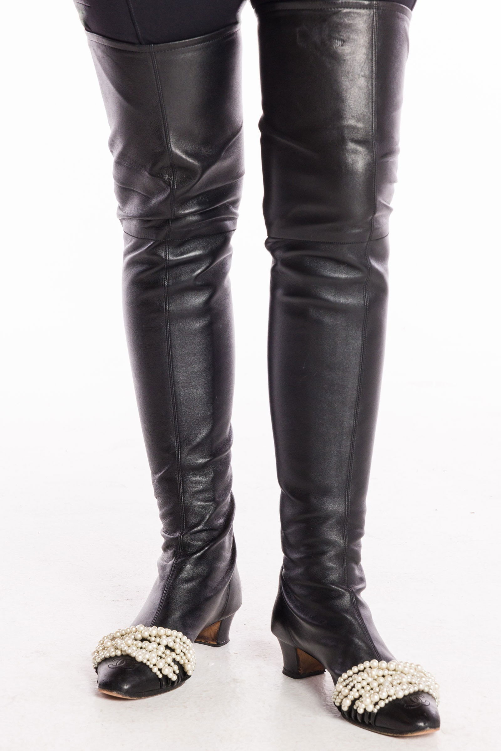 Chanel Leather & Pearl Over the Knee Boots, 38 1/2 (1 of 12)