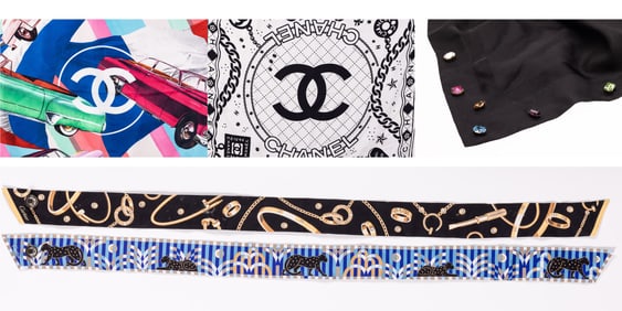 Three Chanel Silk Scarfs and Two Cartier Neck Scarfs