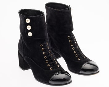 Chanel 2016 Black Suede and Pearl Boots, Size 38