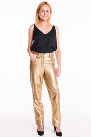 Chanel Gold Leather Jean Style Pants, Size 36