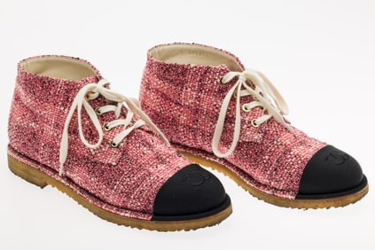 Chanel Pink Tweed Lace Up Ankle Boots, Size 37 1/2