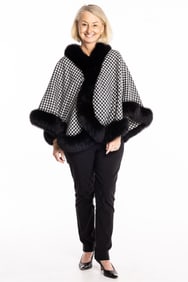 Peri Cashmere Houndstooth Fur Trimmed Wrap