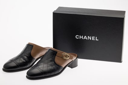 Pair of Chanel Brown & Black Quilted Leather Shoes, Sz 40