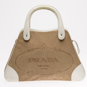 Prada Linen Blend and Leather Logo Tote