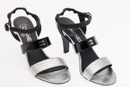 Chanel Leather and Python Ankle Strap Heels, 37 1/2