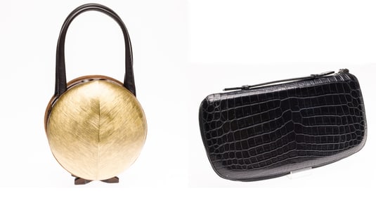Perrin Leather Clutch and Metal and Wood Handbag