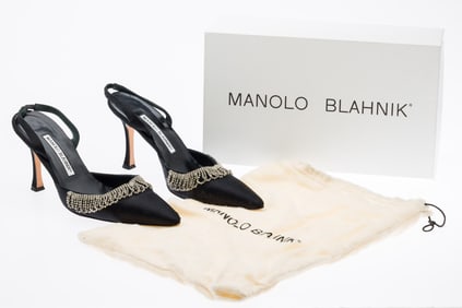 Pair of Manolo Blahnik Black Silk Evening Shoes