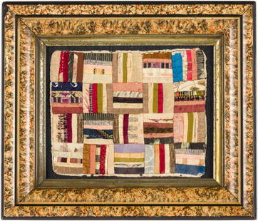 Small Framed Crazy Quilt, 19th C: Description: Small Framed Crazy Quilt, 19th C, Floating in a painted wood frame. Frame size: 12 1/4 in. x 14 1/2 in.Measurements: Height: of quilt 7 1/4 in. x Width: 9 in.