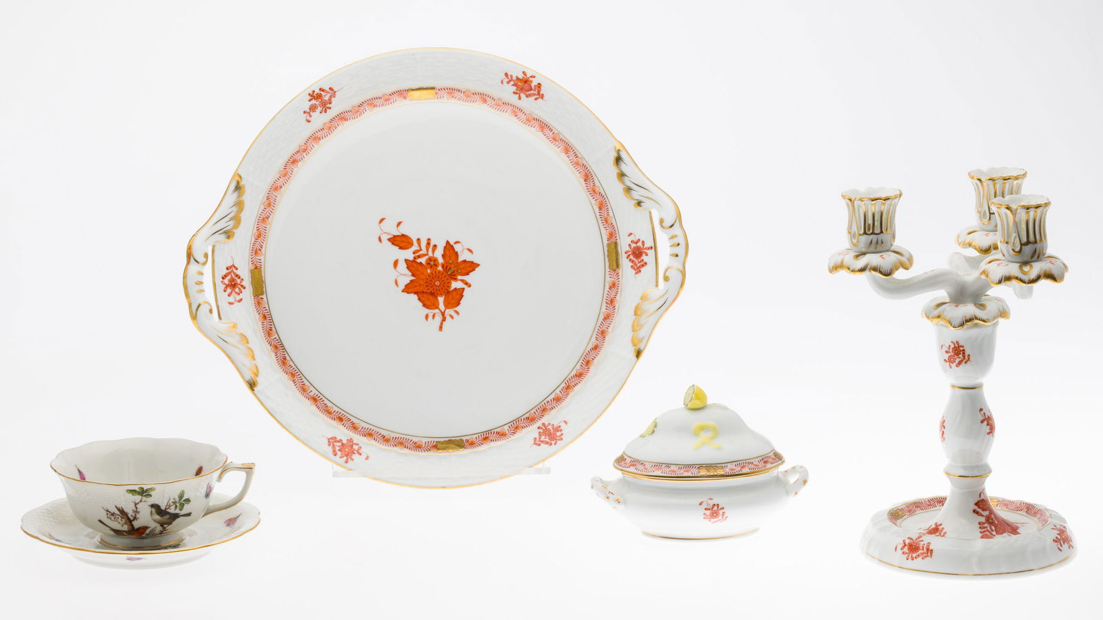 Group of 5 Pieces of Herend: Property of a Private Collector, Richmond Hill, GA Description: Group of 5 Pieces of Herend, comprising a 4 1/8 in. tea cup with bird, butterfly, and bug motifs, gold gilt on edges, a matching 5 3