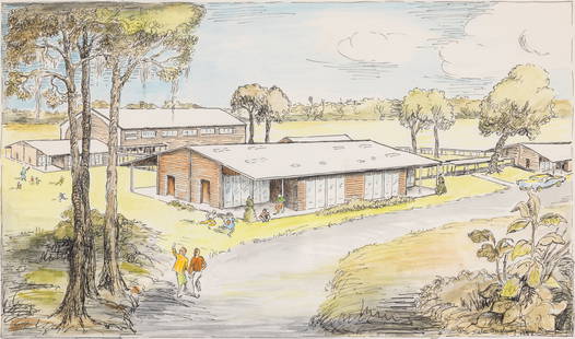 Helen Inglesby, Savannah Country Day School, 1957: Description: Helen Hatch Inglesby (American, 1914-1999), Savannah Country Day School, Watercolor, 1957, signed and dated 1957 lower right, a bird's eye view of an early Savannah Country Day School,