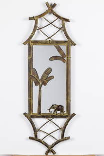 Metal Bamboo Hall Mirror: Property of Kacey Ratterree, Savannah, GADescription: Metal Bamboo Hall Mirror, The rectangular mirrorplate with bamboo surround decorated with elephant and palm tree.Measurements: Height: overall 48