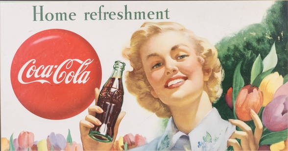 Vintage Coca-Cola Advertising Sign, c. 1950s: Description: Vintage Coca-Cola Advertising Sign, c. 1950s, probably on cardboard, titled 'Home Refreshment', matted and framed. Frame size 25 in. x 41 1/4 in.Measurements: Height: by sight 17 7/8 in.