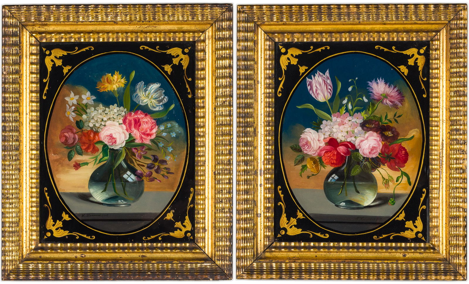 Pair of Eglomise Floral Still Lifes (1 of 10)