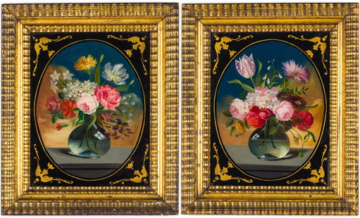 Pair of Eglomise Floral Still Lifes: Property of Kacey Ratterree, Savannah, GADescription: Pair of Eglomise Floral Still Lifes, each signed 'L. Lammens, Fecit' lower right and left, depicting vases of colorful flowers with oval black
