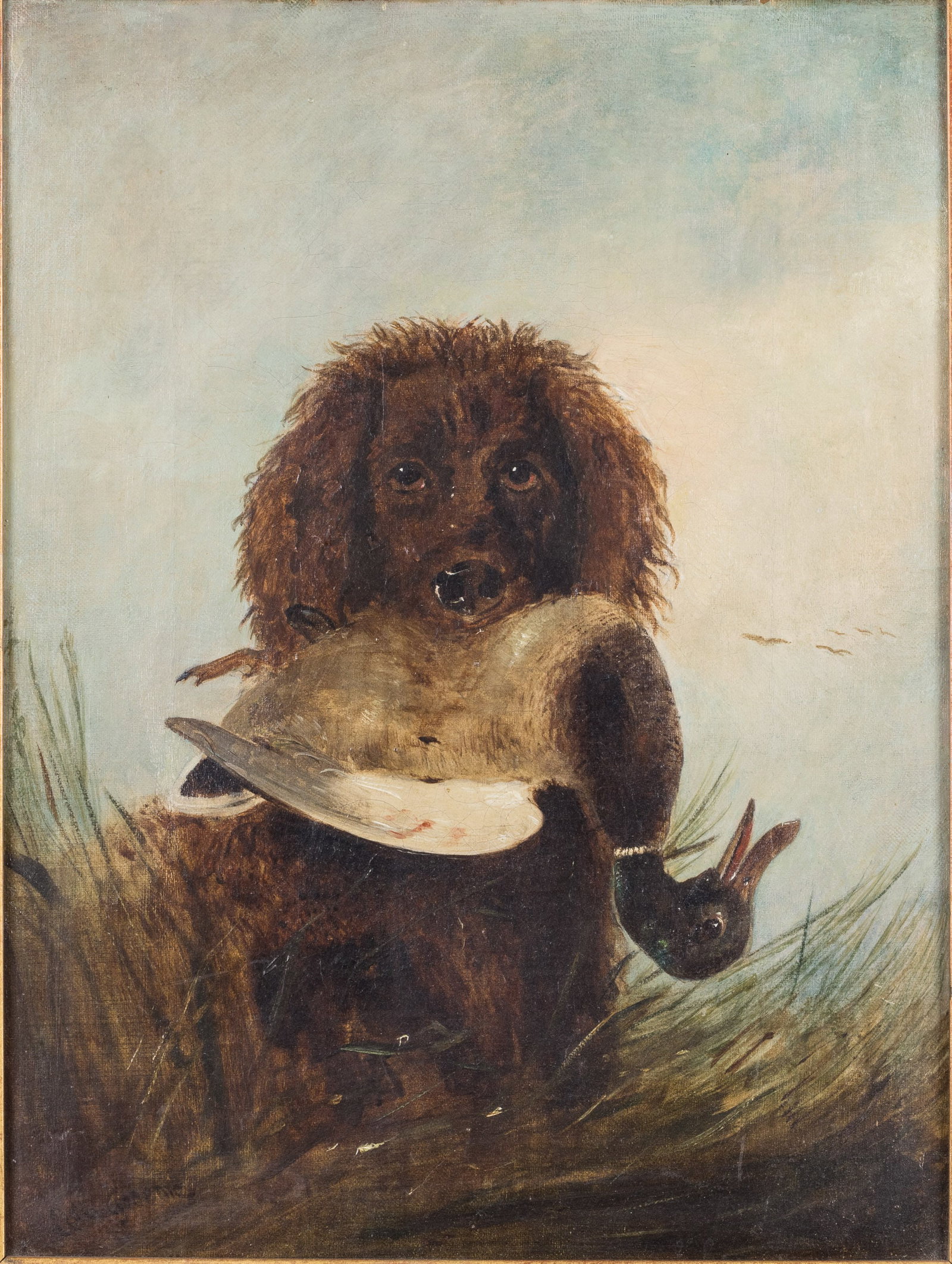 Collin Greome, Portuguese Water Dog with Duck, O/C: Property of a Private Collector, Richmond Hill, GA Description: Collin Greome, Portuguese Water Dog with Duck, Oil on Canvas, signed 'Collin Groeme' lower left, depicting a brown Portuguese Water