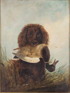 Collin Greome, Portuguese Water Dog with Duck, O/C: Property of a Private Collector, Richmond Hill, GADescription: Collin Greome, Portuguese Water Dog with Duck, Oil on Canvas, signed 'Collin Groeme' lower left, depicting a brown Portuguese Water Dog