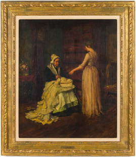 Charles Yardley Turner, Mending the Wedding Dress: Property of a Private Collector, Savannah, GA Description: Charles Yardley Turner (MD/NY,1850-1919), Mending the Wedding Dress, 1889, Oil on Canvas, signed and dated 1889 lower right, depicting a